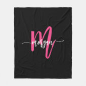 Hot Roze Zwart Modern Script Girly Monogram Naam Fleece Deken (Voorkant)