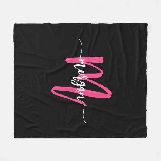 Hot Roze Zwart Modern Script Girly Monogram Naam Fleece Deken (Voorkant (Horizontaal))