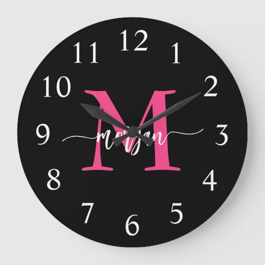 Hot Roze Zwart Modern Script Girly Monogram Naam Grote Klok (Voorkant)