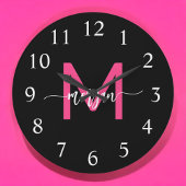 Hot Roze Zwart Modern Script Girly Monogram Naam Grote Klok
