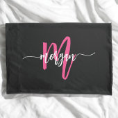 Hot Roze Zwart Modern Script Girly Monogram Naam Kussensloop