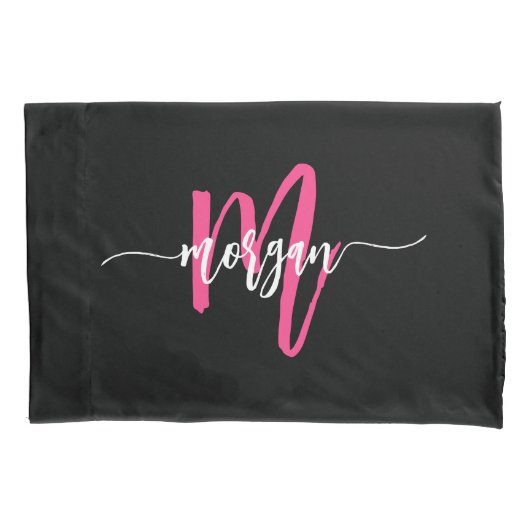 Hot Roze Zwart Modern Script Girly Monogram Naam Kussensloop (Voorkant)