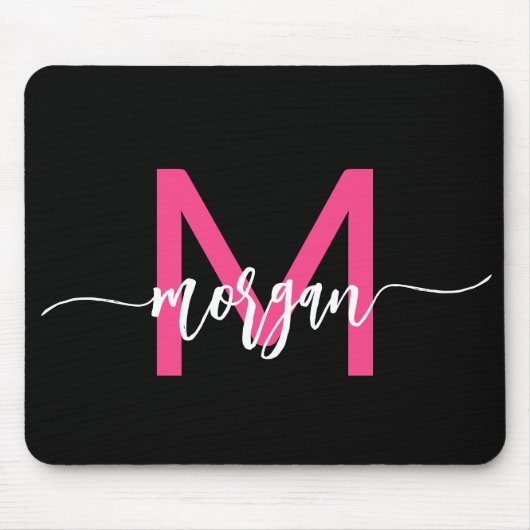 Hot Roze Zwart Modern Script Girly Monogram Naam Muismat (Voorkant)