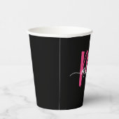Hot Roze Zwart Modern Script Girly Monogram Naam Papieren Bekers (Rechts)