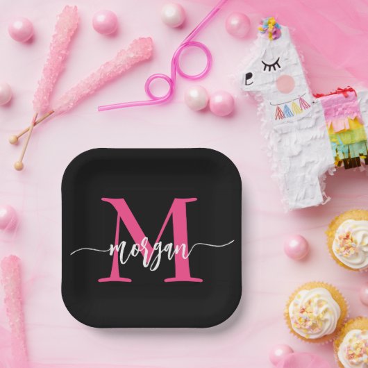 Hot Roze Zwart Modern Script Girly Monogram Naam Papieren Bordje (Feest)
