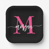 Hot Roze Zwart Modern Script Girly Monogram Naam Papieren Bordje (Voorkant)