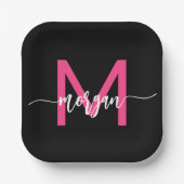 Hot Roze Zwart Modern Script Girly Monogram Naam Papieren Bordje (Voorkant)