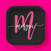 Hot Roze Zwart Modern Script Girly Monogram Naam Papieren Bordje
