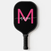 Hot Roze Zwart Modern Script Girly Monogram Naam Pickleball Paddle (Voorkant)