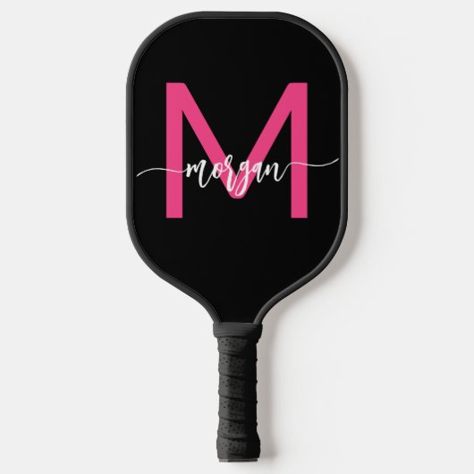 Hot Roze Zwart Modern Script Girly Monogram Naam Pickleball Paddle (Voorkant)