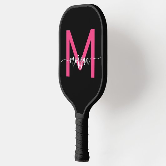 Hot Roze Zwart Modern Script Girly Monogram Naam Pickleball Paddle (Links)