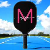 Hot Roze Zwart Modern Script Girly Monogram Naam Pickleball Paddle