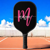 Hot Roze Zwart Modern Script Girly Monogram Naam Pickleball Paddle
