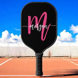 Hot Roze Zwart Modern Script Girly Monogram Naam Pickleball Paddle
