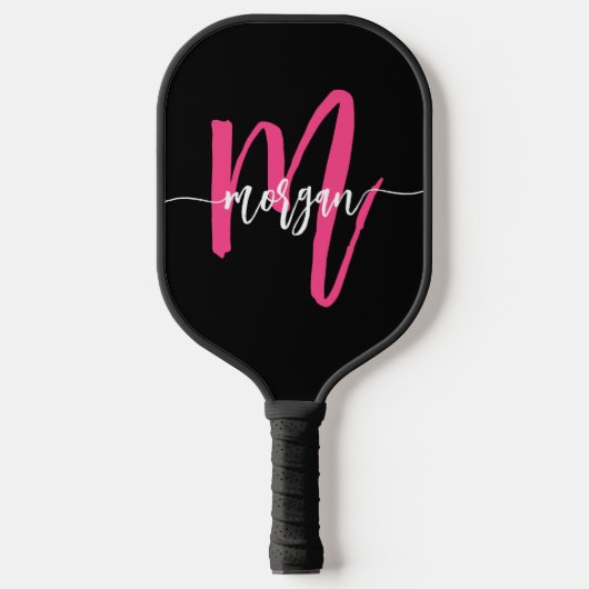 Hot Roze Zwart Modern Script Girly Monogram Naam Pickleball Paddle (Voorkant)