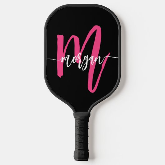 Hot Roze Zwart Modern Script Girly Monogram Naam Pickleball Paddle (Achterkant)