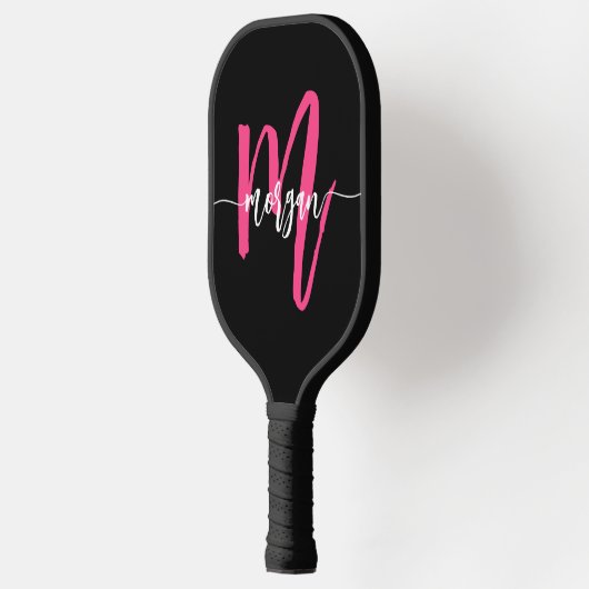 Hot Roze Zwart Modern Script Girly Monogram Naam Pickleball Paddle (Links)