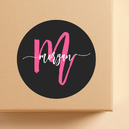 Hot Roze Zwart Modern Script Girly Monogram Naam Ronde Sticker