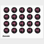 Hot Roze Zwart Modern Script Girly Monogram Naam Ronde Sticker (Vel)
