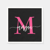 Hot Roze Zwart Modern Script Girly Monogram Naam Servet (Voorkant)