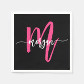 Hot Roze Zwart Modern Script Girly Monogram Naam Servet (Voorkant)