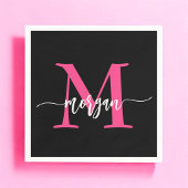 Hot Roze Zwart Modern Script Girly Monogram Naam Servet