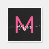Hot Roze Zwart Modern Script Girly Monogram Naam Servet (Voorkant)