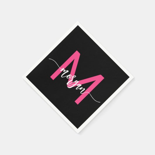 Hot Roze Zwart Modern Script Girly Monogram Naam Servet (Hoek)