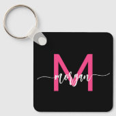 Hot Roze Zwart Modern Script Girly Monogram Naam Sleutelhanger (Voorkant)