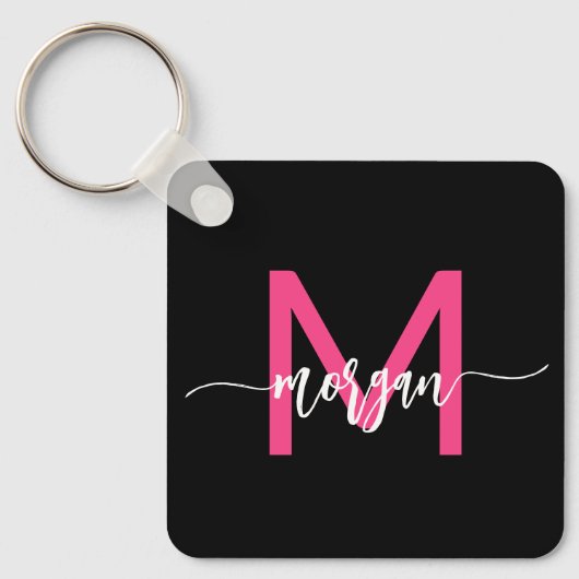 Hot Roze Zwart Modern Script Girly Monogram Naam Sleutelhanger (Voorkant)