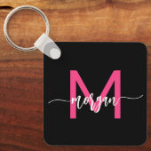 Hot Roze Zwart Modern Script Girly Monogram Naam Sleutelhanger (Voorkant)