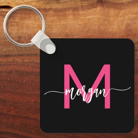 Hot Roze Zwart Modern Script Girly Monogram Naam Sleutelhanger (Voorkant)