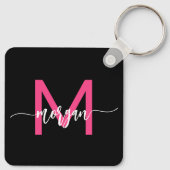 Hot Roze Zwart Modern Script Girly Monogram Naam Sleutelhanger (Achterkant)