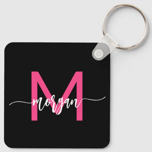 Hot Roze Zwart Modern Script Girly Monogram Naam Sleutelhanger (Achterkant)