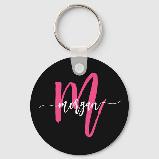 Hot Roze Zwart Modern Script Girly Monogram Naam Sleutelhanger (Voorkant)