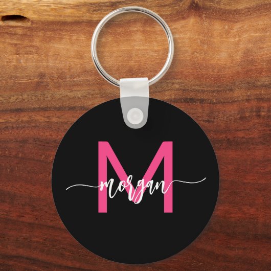 Hot Roze Zwart Modern Script Girly Monogram Naam Sleutelhanger (Voorkant)