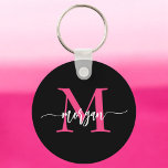 Hot Roze Zwart Modern Script Girly Monogram Naam Sleutelhanger<br><div class="desc">Houd uw sleutels in stijl met onze Hot Pink Modern Script Girly Monogram Naam Sleutelhanger! Deze sleutelhanger is voorzien van een levendig roze ontwerp en is gepersonaliseerd met jouw naam in een chique modern script voor een aangepaste, modieuze touch. Perfect voor het toevoegen van een beetje flair aan uw sleutels...</div>