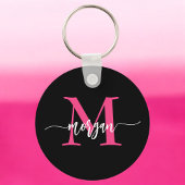 Hot Roze Zwart Modern Script Girly Monogram Naam Sleutelhanger