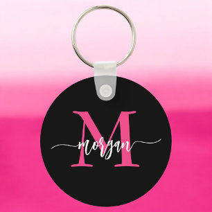 Hot Roze Zwart Modern Script Girly Monogram Naam Sleutelhanger