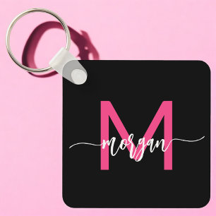 Hot Roze Zwart Modern Script Girly Monogram Naam Sleutelhanger