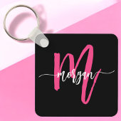 Hot Roze Zwart Modern Script Girly Monogram Naam Sleutelhanger