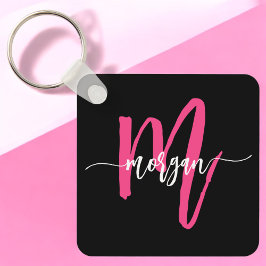 Hot Roze Zwart Modern Script Girly Monogram Naam Sleutelhanger