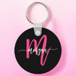 Hot Roze Zwart Modern Script Girly Monogram Naam Sleutelhanger<br><div class="desc">Houd uw sleutels in stijl met onze Hot Pink Modern Script Girly Monogram Naam Sleutelhanger! Deze sleutelhanger is voorzien van een levendig roze ontwerp en is gepersonaliseerd met jouw naam in een chique modern script voor een aangepaste, modieuze touch. Perfect voor het toevoegen van een beetje flair aan uw sleutels...</div>