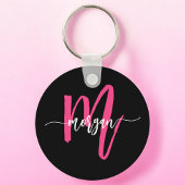 Hot Roze Zwart Modern Script Girly Monogram Naam Sleutelhanger