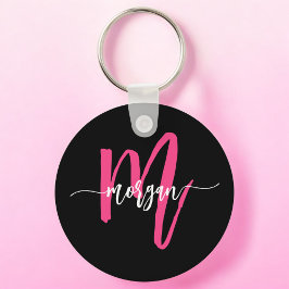 Hot Roze Zwart Modern Script Girly Monogram Naam Sleutelhanger