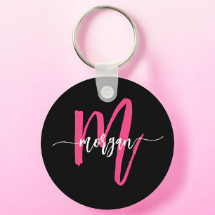 Hot Roze Zwart Modern Script Girly Monogram Naam Sleutelhanger