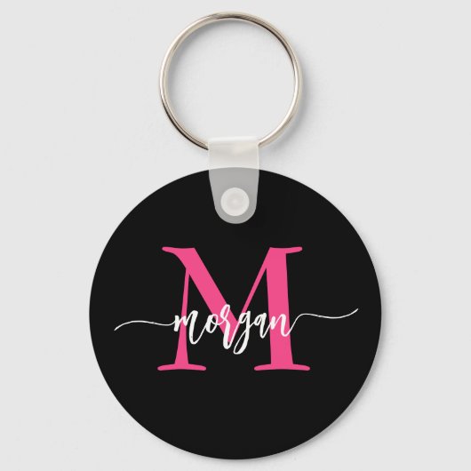 Hot Roze Zwart Modern Script Girly Monogram Naam Sleutelhanger (Voorkant)