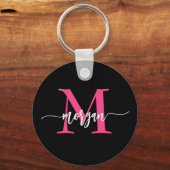 Hot Roze Zwart Modern Script Girly Monogram Naam Sleutelhanger (Voorkant)