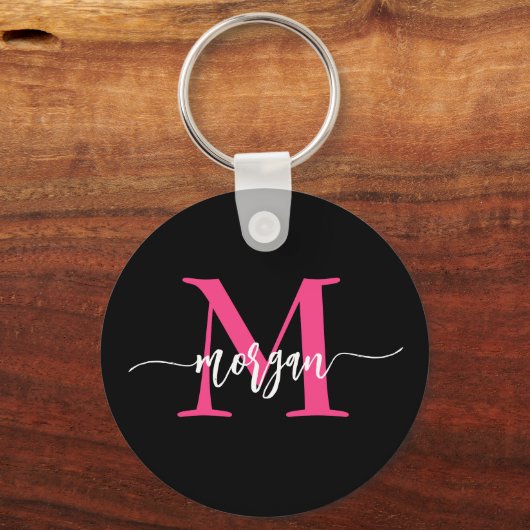 Hot Roze Zwart Modern Script Girly Monogram Naam Sleutelhanger (Voorkant)