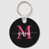 Hot Roze Zwart Modern Script Girly Monogram Naam Sleutelhanger (Achterkant)